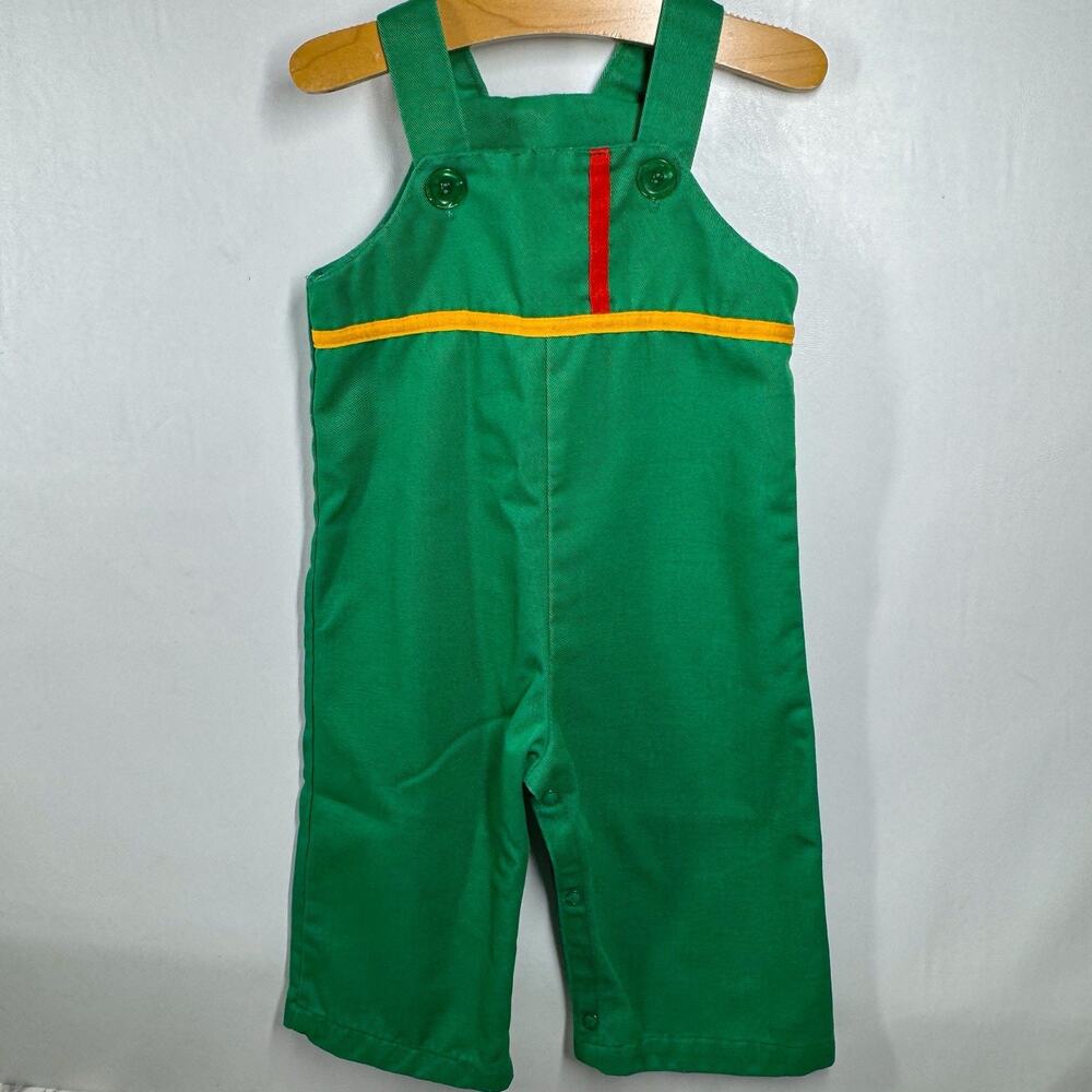 Vintage 70s Baby Boy Overalls 24 mo Green Bright Button Snap Closures Toddler